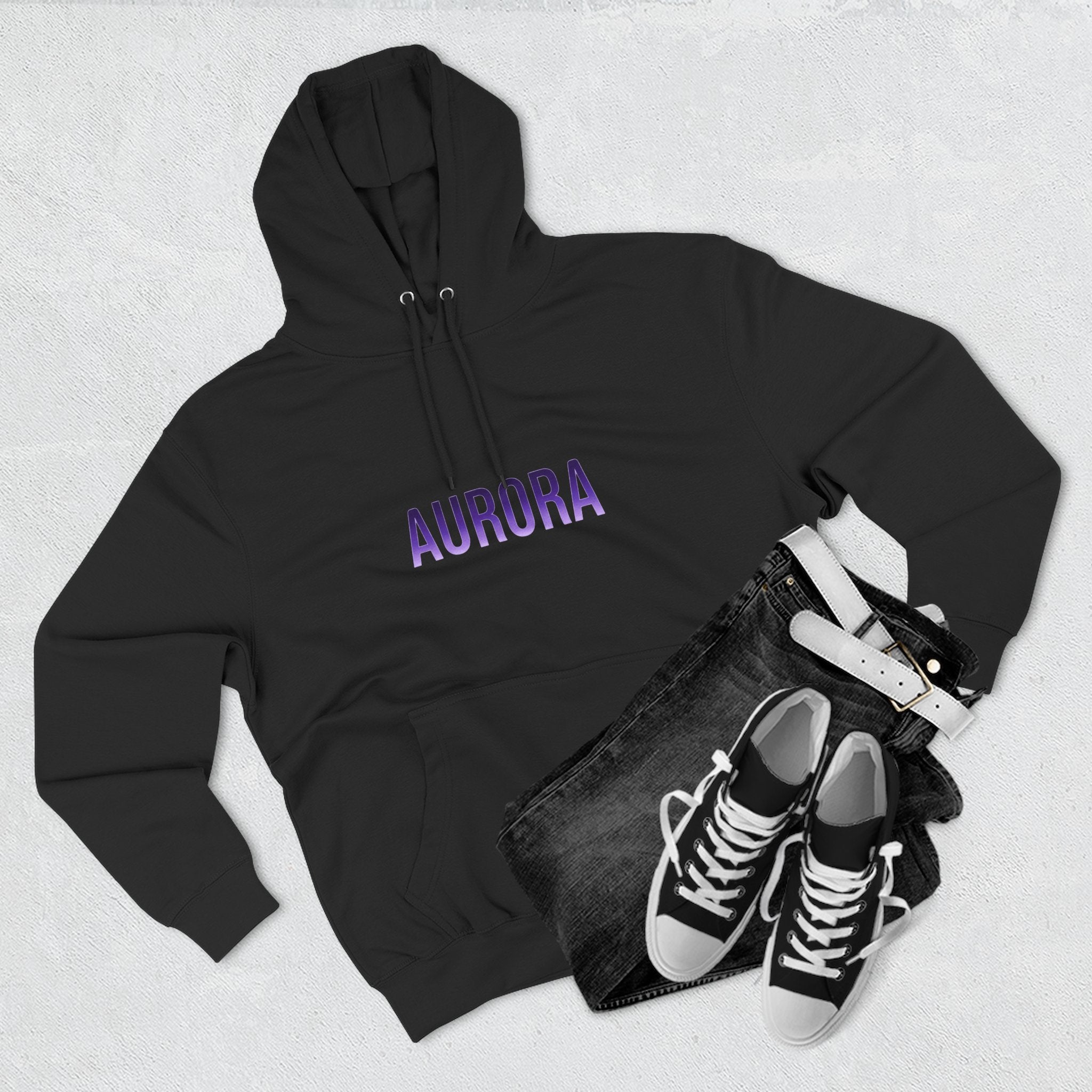 Aurora Wave Hoodie — Minimal Purple Aurora Text & Back Art