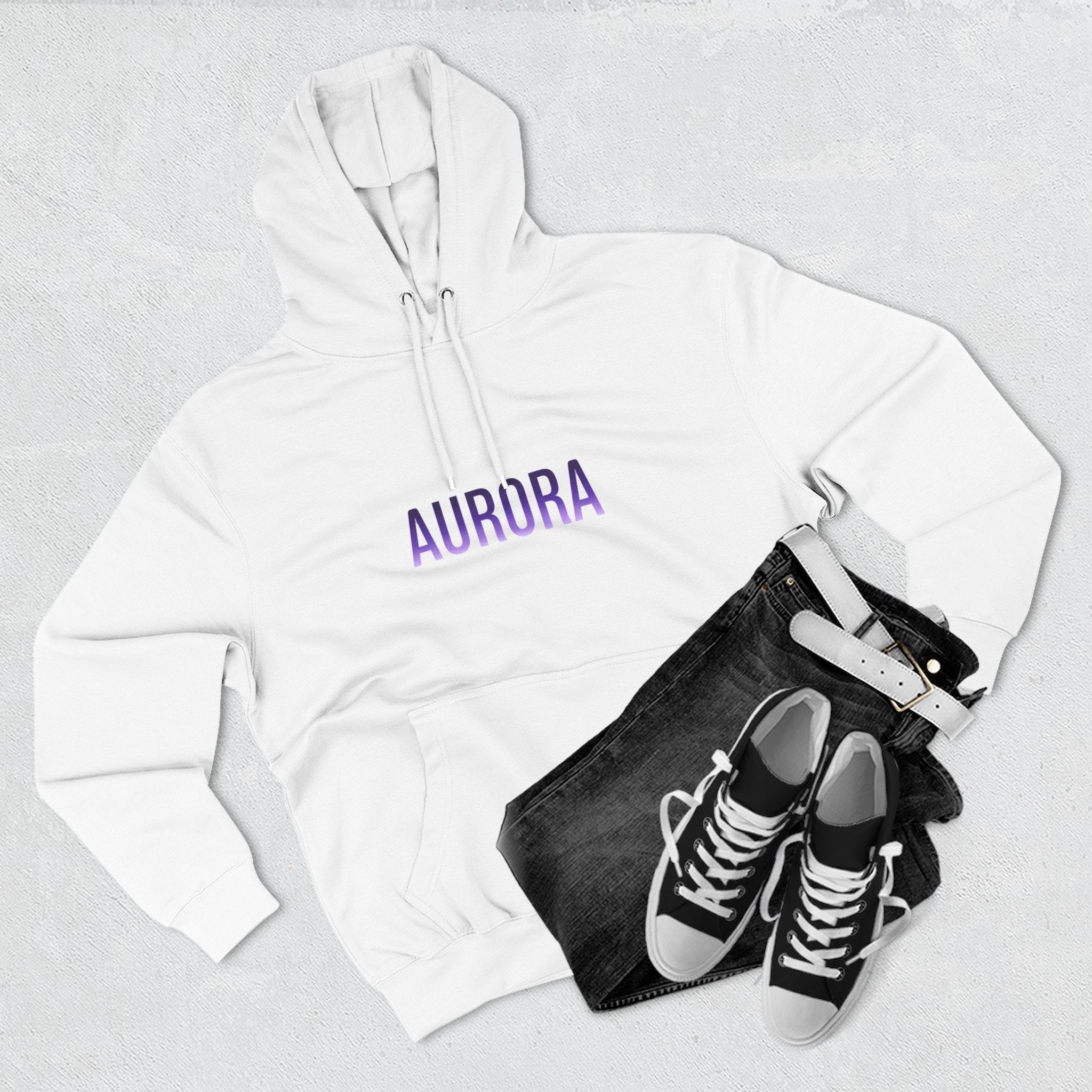 Aurora Wave Hoodie — Minimal Purple Aurora Text & Back Art