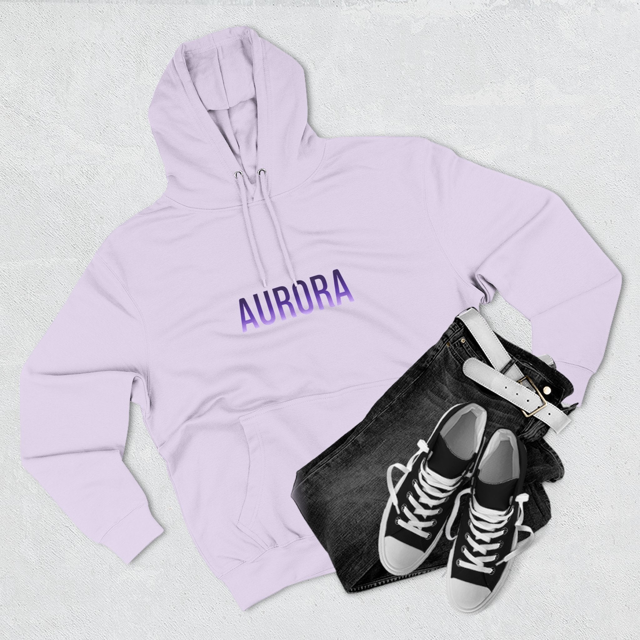 Aurora Wave Hoodie — Minimal Purple Aurora Text & Back Art