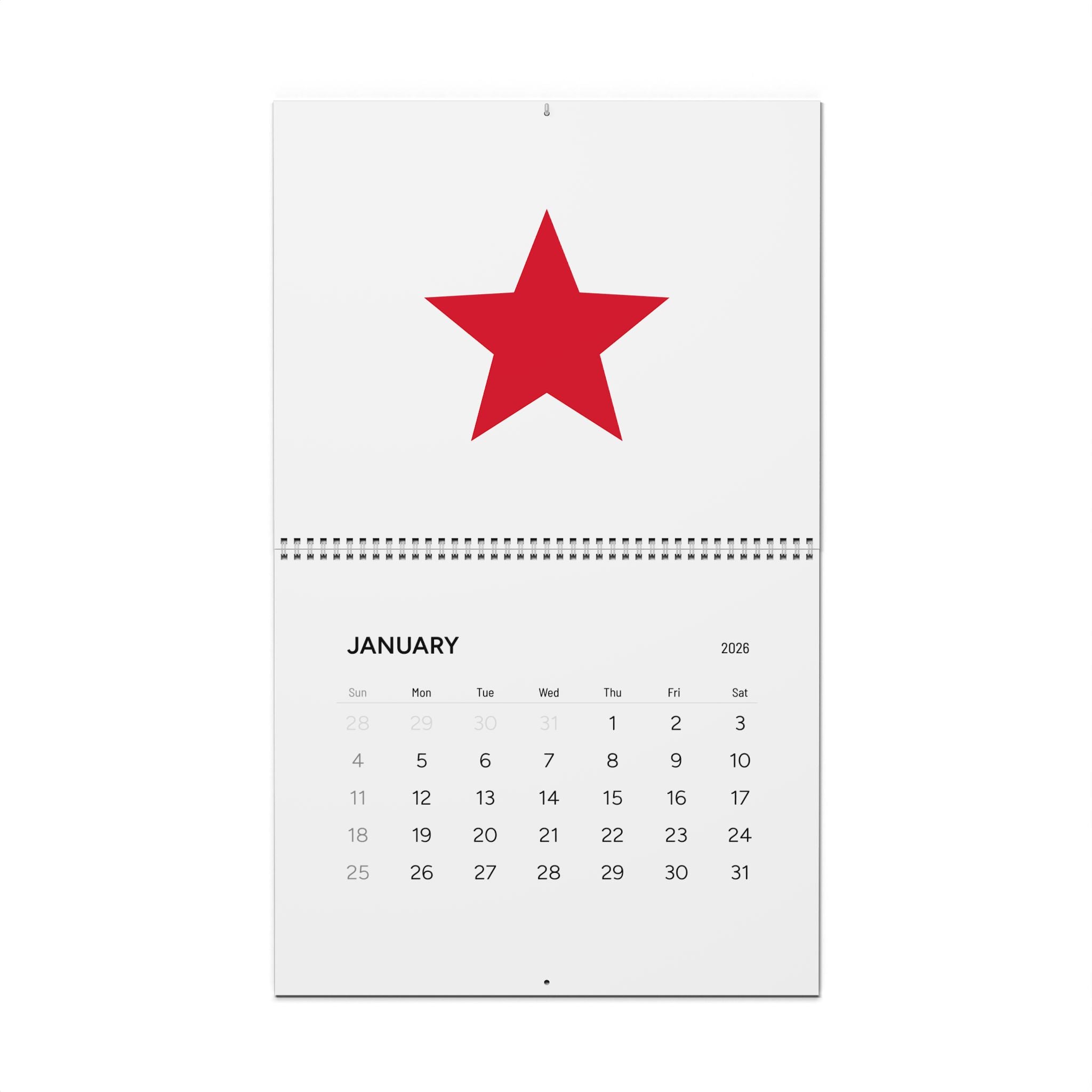 Minimalist 2026 Wall Calendar — Red Geometric Star & Sun Monthly Planner