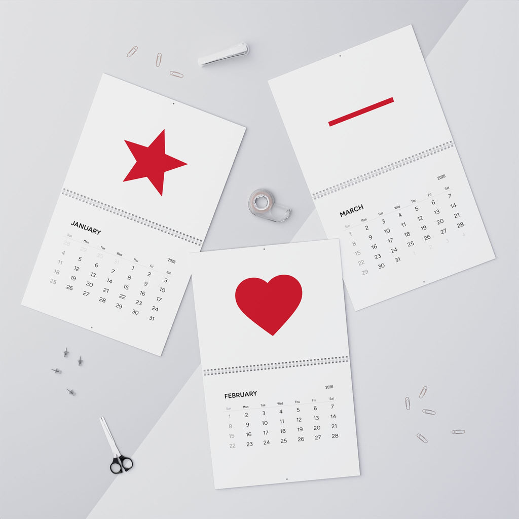Minimalist 2026 Wall Calendar — Red Geometric Star & Sun Monthly Planner